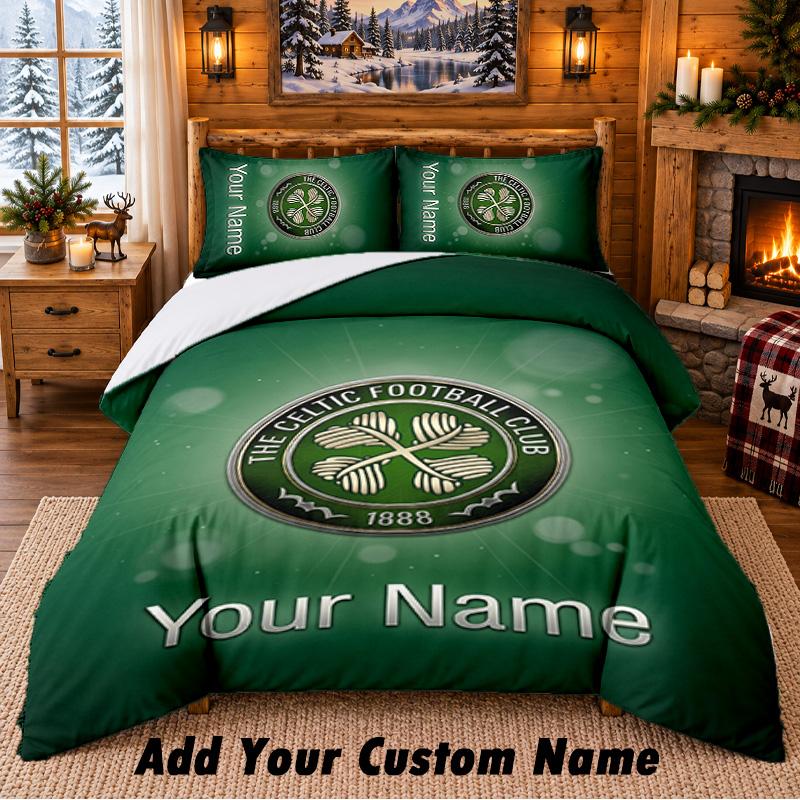 Celtic FC Pattern Bedding 3Pcs Set Custom Name, Bed Sheet And Pillowcases For Home Bedroom