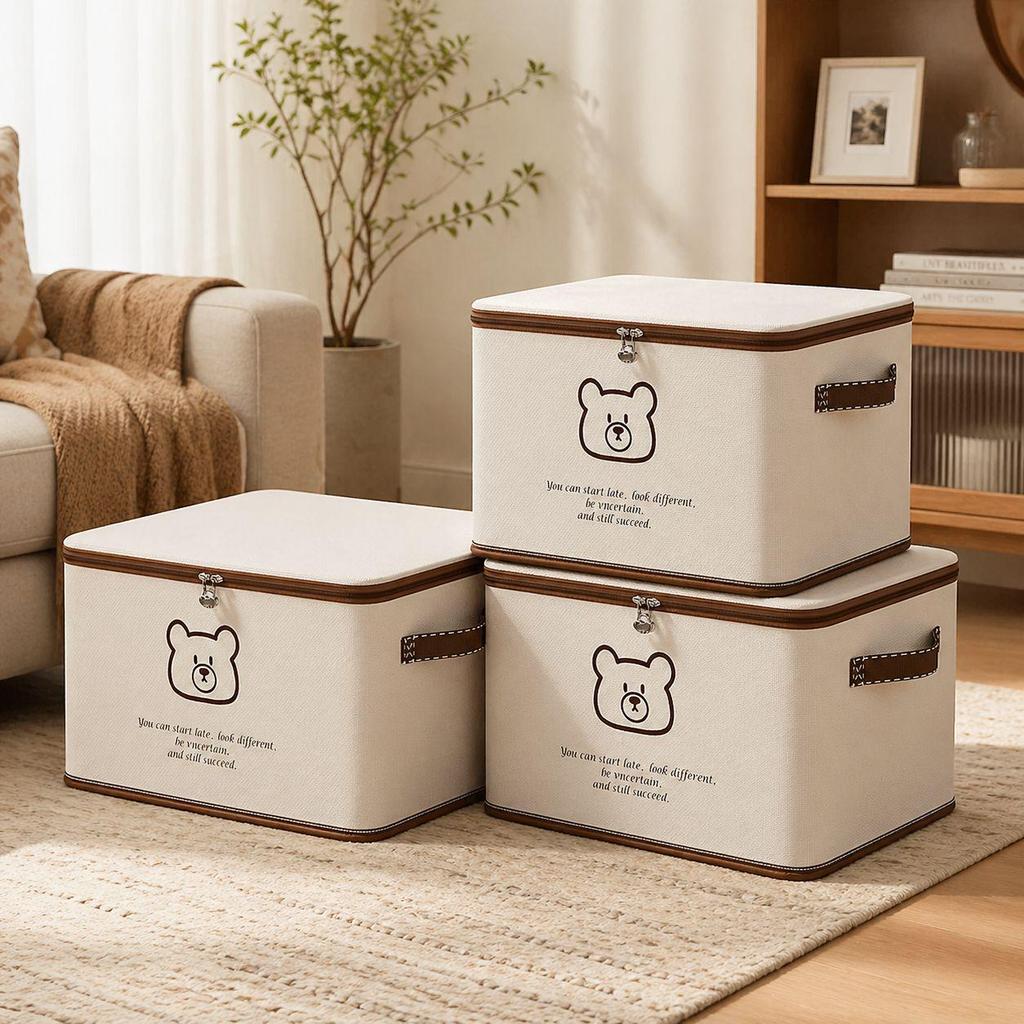 Beige Bear Non-Woven Zipper Storage Box - Large Foldable Clothes Organizer Basket
