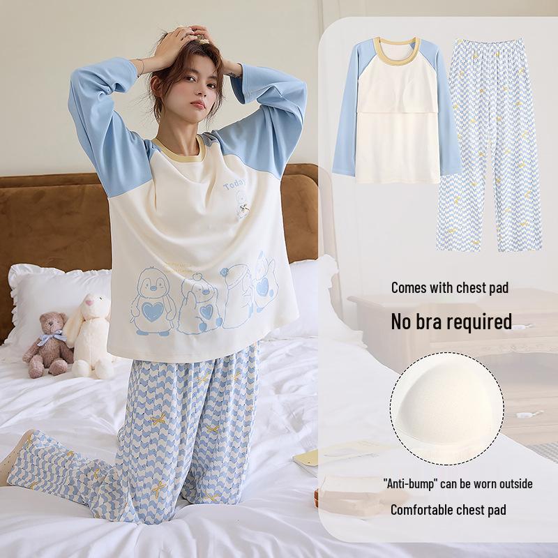 Women's Cloud Cotton Long-Sleeve Pajama Set with Chest Pads - Cute Cartoon Design for Autumn/Winter