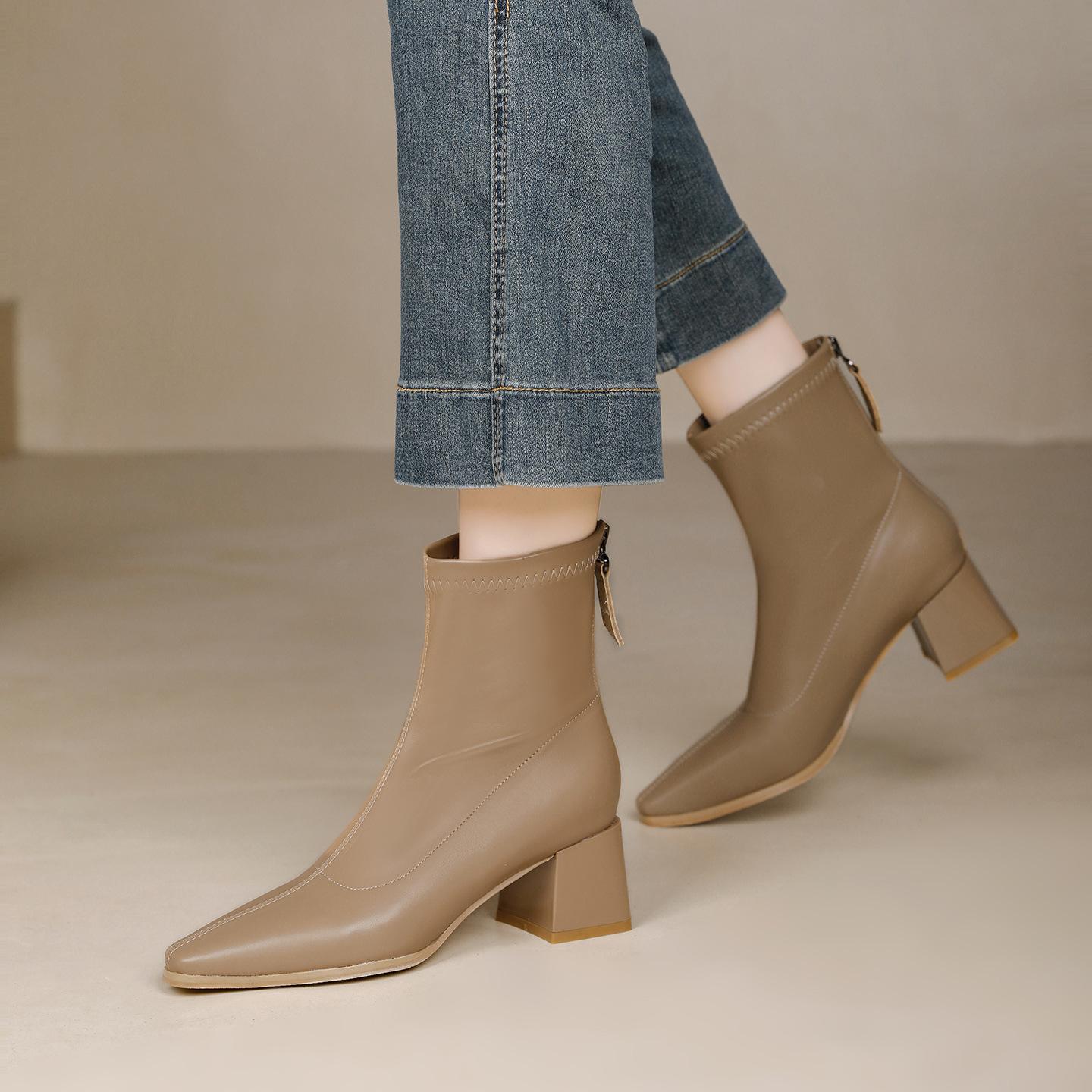 

Короткие ботинки на толстом каблуке женские 2025 новые зимние женские туфли с острым носком на среднем каблуке тонкие ботинки французские коричневые ботинки женские полусапожки 40 хаки