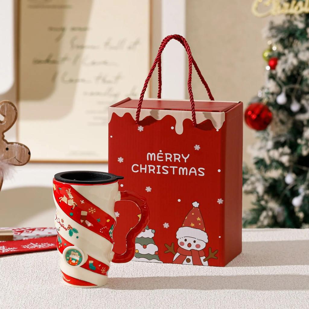 2025 New Christmas Ceramic Cup Threaded Reindeer Large Capacity Creative Mug with Lid Gift Box Cup Cross-border Christmas Gift Y