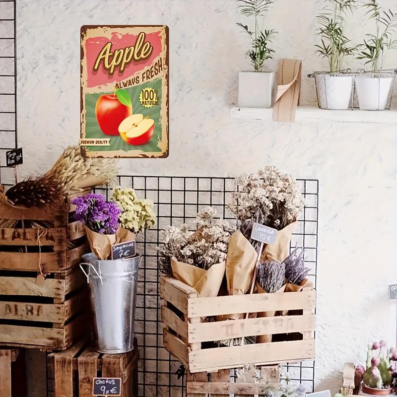 Vintage Apple Tin Sign Wall Art, Always Fresh Retro Metal Poster, Premium Quality Kitchen/Home Decor, Rustic Fruit Illustration