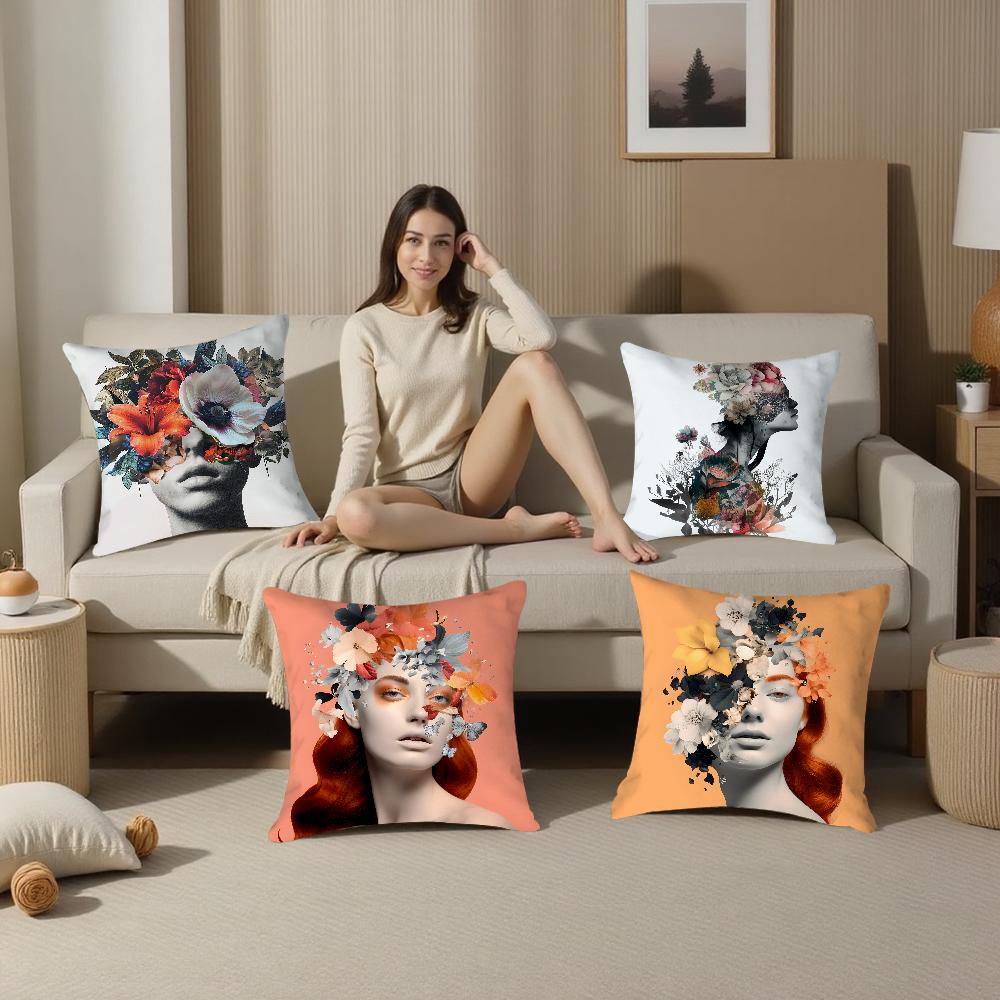 Female Painting Pillow Case Plush Fabric Soft Pillowcase Double Sided Print Sofa Cushion Cover Throw Pillow Cover