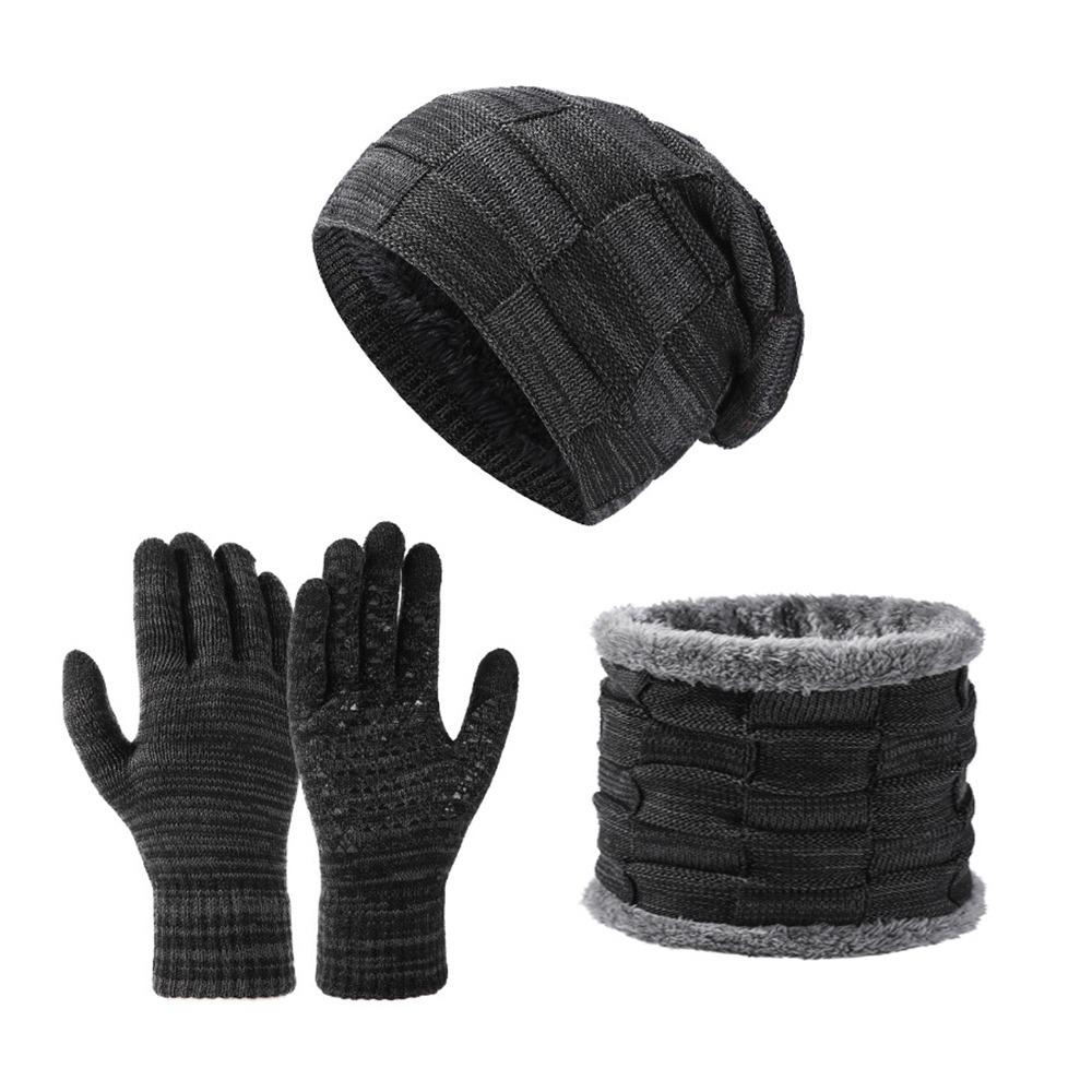 3Pcs/Set Warm Winter Hat Scarf Gloves Set Plush Lining Touchscreen Gloves for Men Women