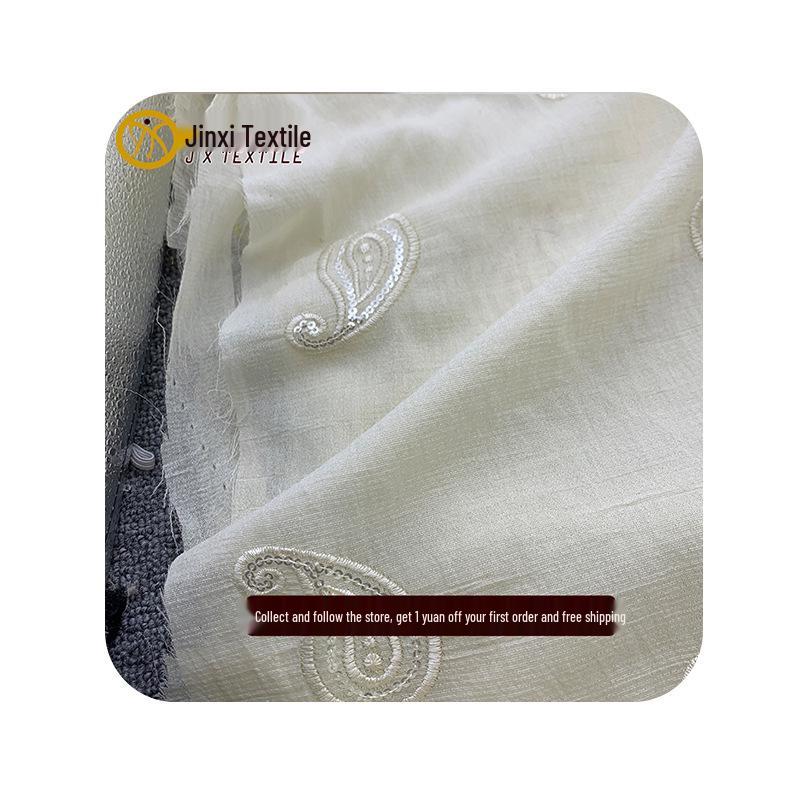 3D Cashew Flower Sequin Tencel Embroidered Fabric for Spring/Summer Dresses and Children's Hanfu.