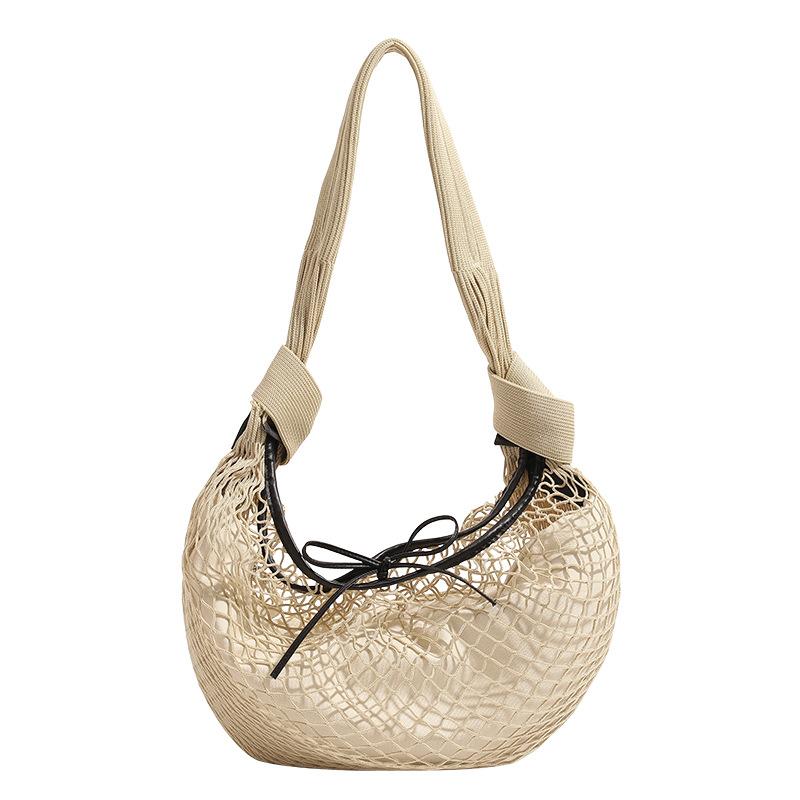 Beach Vacation Contrasting Mesh Bag, Cow Horn Bag, Women's Handbag, One Shoulder Crossbody, Hand Woven Bag, Fishing Net Armpit Bag