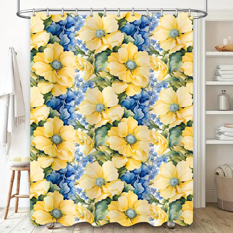 Floral Pattern Shower Curtain Bright Blue Yellow Floral Print for Bathroom Decor Machine Washable Water Repellent Fabric
