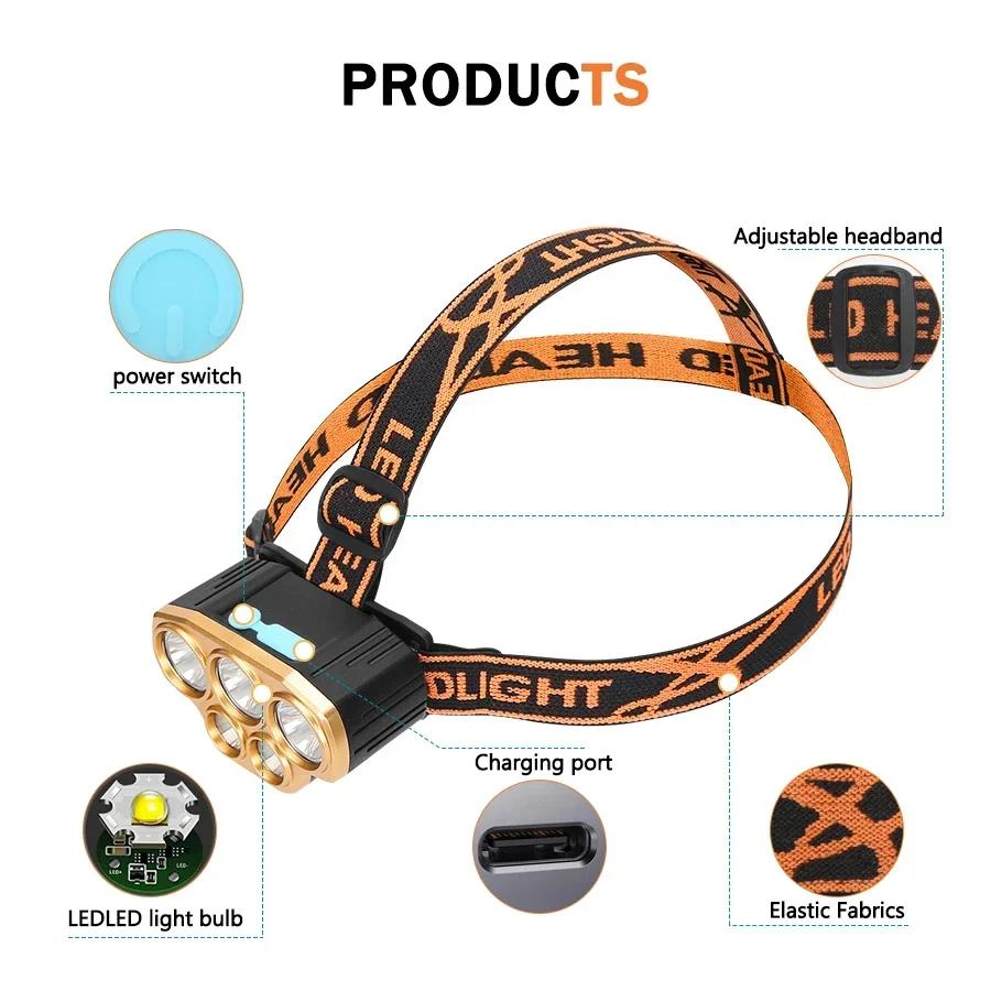 Rechargeable 5 LED Headlight Ultra Bright Powerful Waterproof Head Flashlight Head Torch for Outdoor Camping Running Lighting