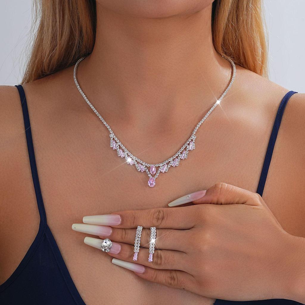 European-American Rhinestone Teardrop Necklace & Earring Set: Korean-Style Bridal Temperament Collarbone Chain Jewelry for Women