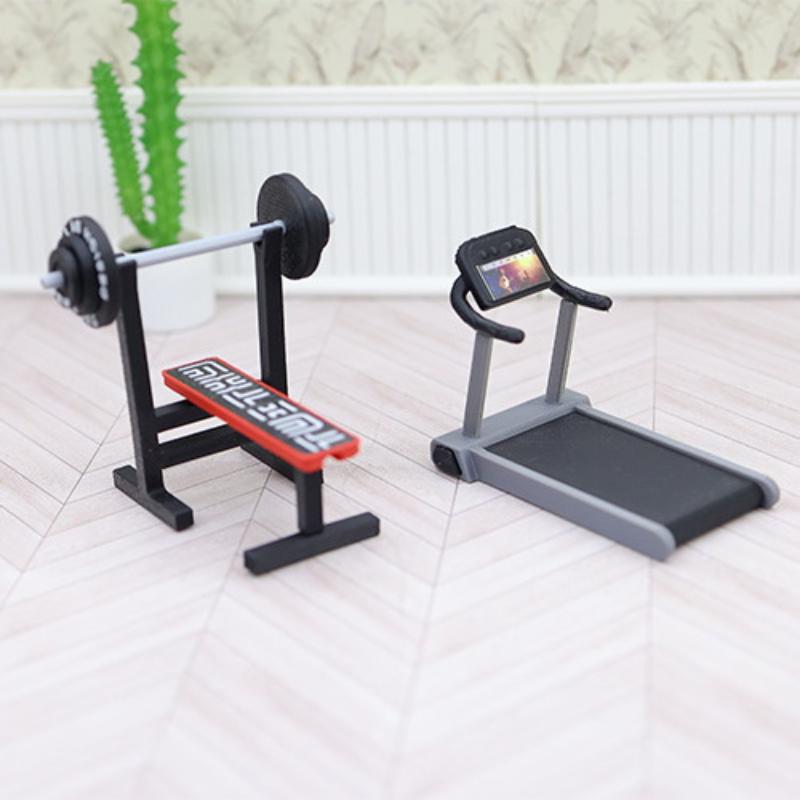 1 Stück Mini DIY Puppenhaus Laufband Dekoration Gewichtheben Bett Liegende Hantelstange Modell 1:12 Puppenhaus Fitnessgeräte