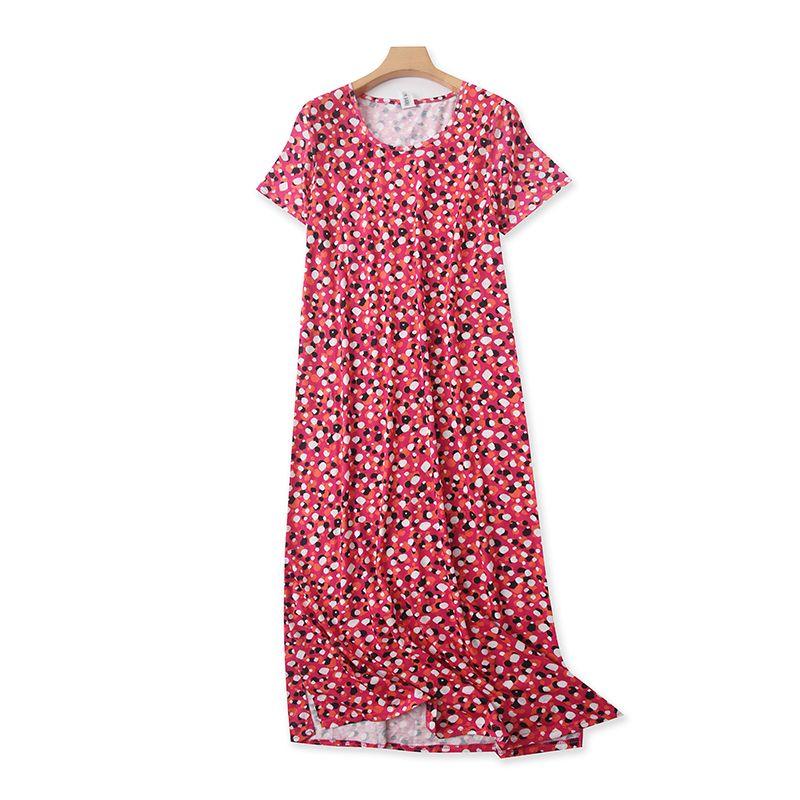 

round Neck Print Cotton Dress Summer New Outerwear Slimming Long Short Sleeve Skirt Women s Split Skirt T/12-3 Rose Red Dot M