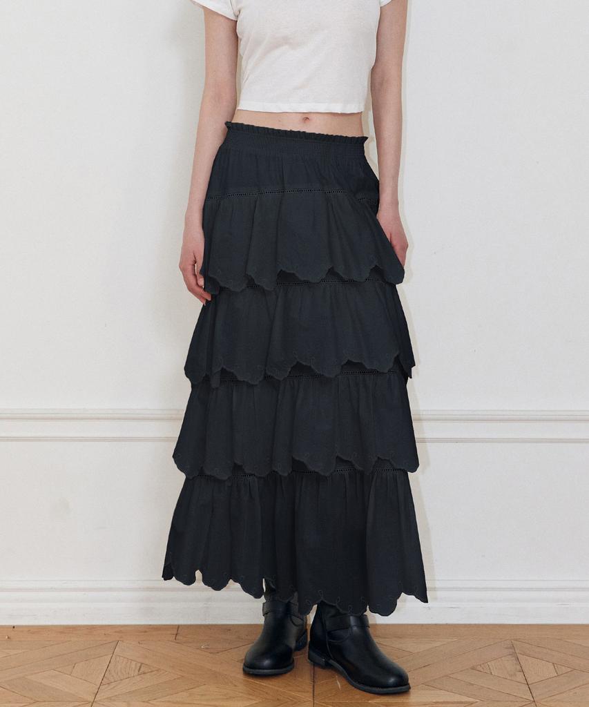 Lady Volume Cut Band Layered Ruffle Skirt (Black)