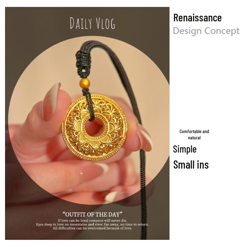 Chinese-Style Gold-Plated Peace Buckle Pendant Necklace with Rhinestones & Black Cord