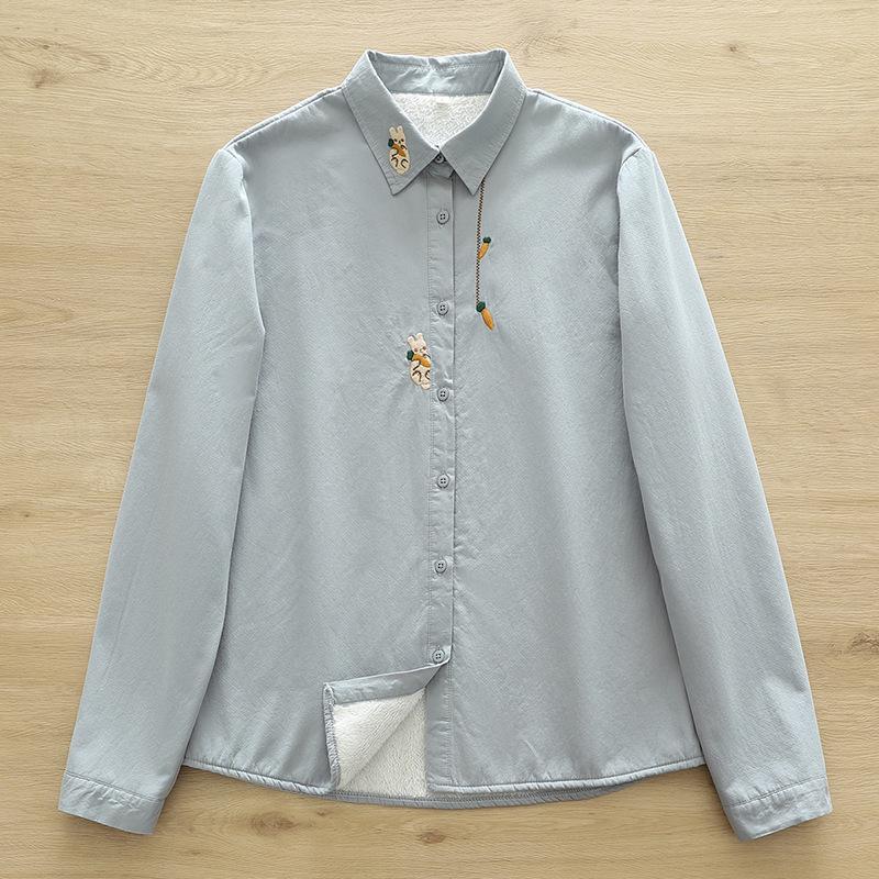 Women's Pure Cotton Flannel Long-Sleeve Shirt with Rabbit Embroidery - Warm, Thickened, Autumn/Winter Design