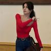 Sexy Slim Fit Square Collar T-Shirt Women Long Sleeve Solid Basic Top Spring Autumn Low Cut Simple Pullover