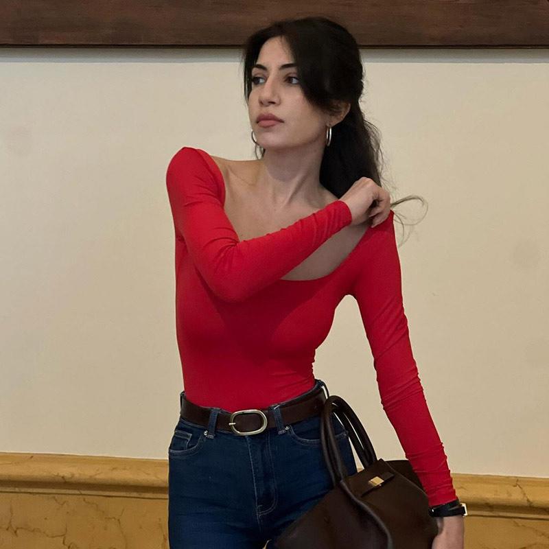 Sexy Slim Fit Square Collar T-Shirt Women Long Sleeve Solid Basic Top Spring Autumn Low Cut Simple Pullover