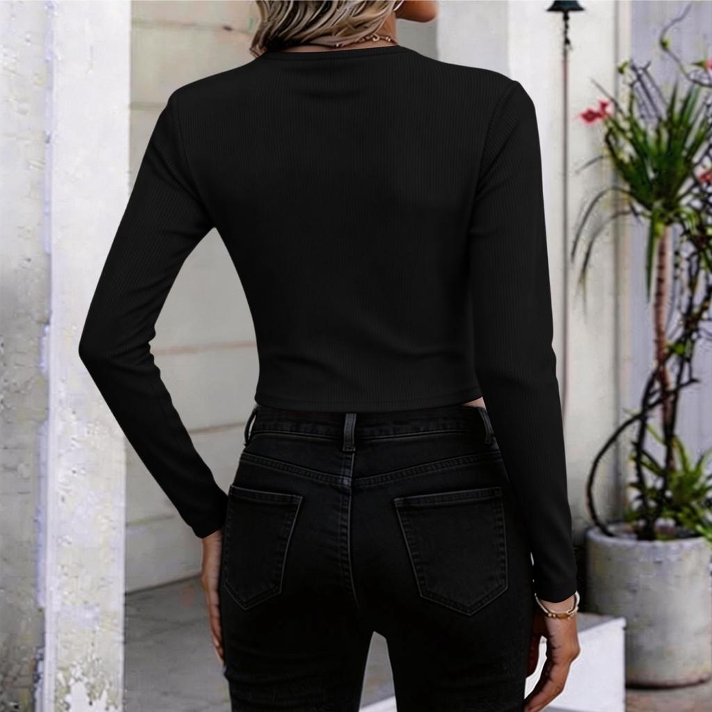 Women Long Sleeve Chain V Neck Top Slim Fit Pullover Casual Shirt with Decorative Accents for Daily Wear