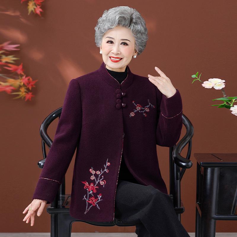 

Elderly Women s Winter Jacket, Grandma s Embroidered Tang Suit Top with Stand-up Collar, 70s-80s Style, Cotton-Added Wool for Warmth. 5XL (145-160 lbs)
