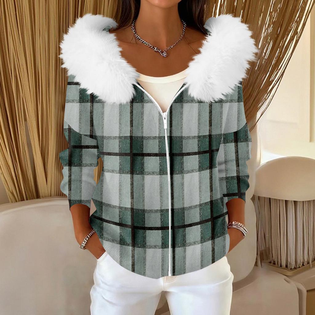 Women's Fashion Casual Sweater Zipper Print Cardigan Plush Hooded Jacket