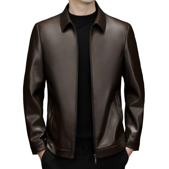 Men Jacket Lapel Long Sleeve Zipper Placket Regular Fit Coat Solid Color Short Style Faux Leather Jacket Casual Street Outwear