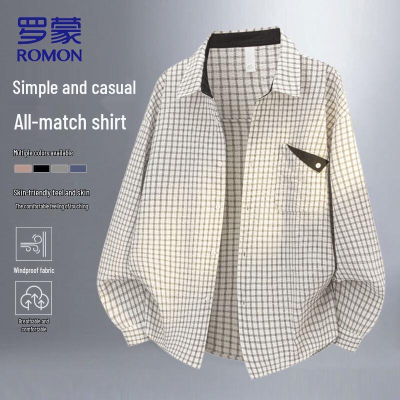 ROMON Men s Plaid Long Sleeve Casual Shirt M