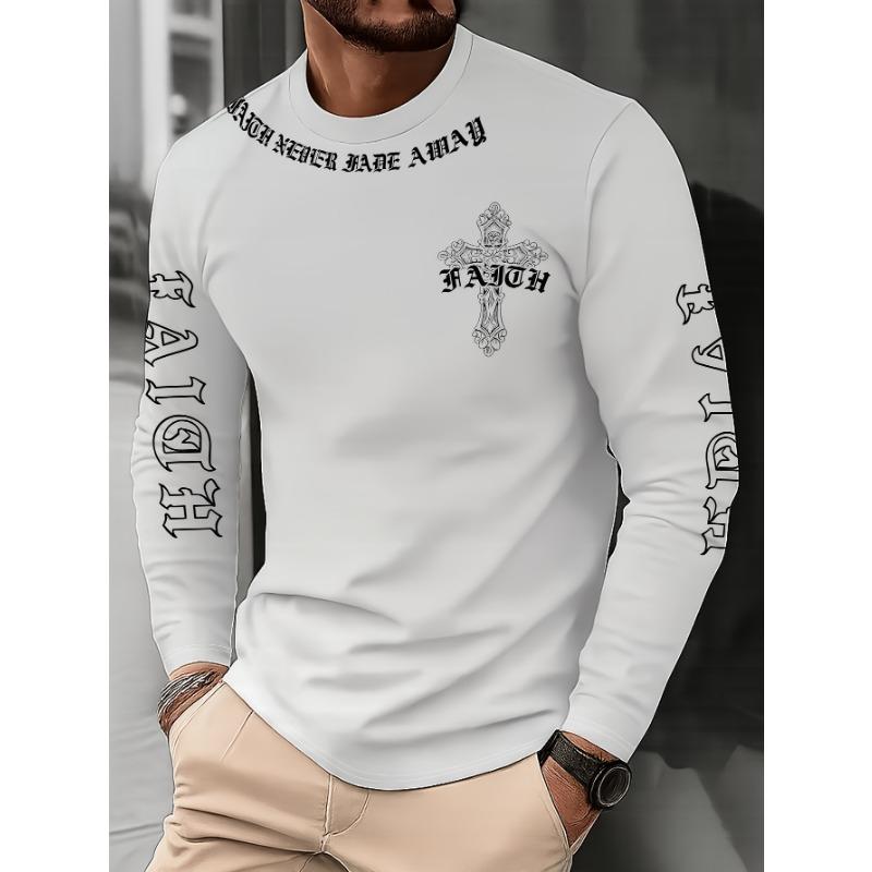 Men's Long Sleeve T-Shirt with Cross & Letter Print - Casual Round Neck Blouse Suitable for Casual Attire