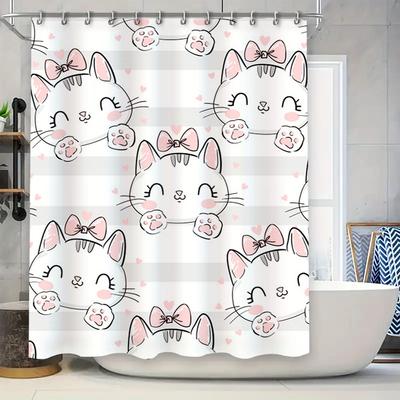 Adorable Kitten Shower Curtain Pink Bow Tails Design for Bathroom Decor White Waterproof Fabric Perfect Gift Idea for Cat Lovers