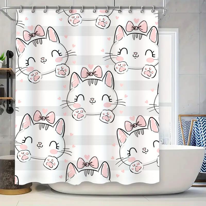 

Очаровательная шторка для душа с котятами, дизайн с розовыми бантиками и хвостиками для декора ванной комнаты, белая водонепроницаемая ткань, идеальная идея подарка для любителей кошек 90x180cm