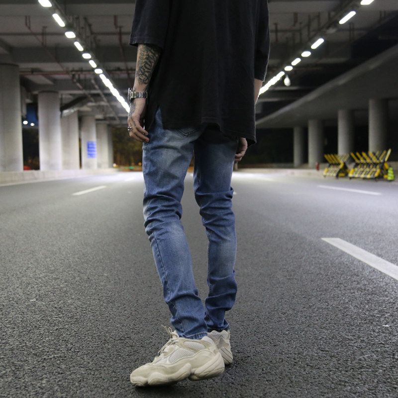 Kanye European and American High Street Wind Heavy Washing Basic Color Slim Fit Elastic Feet Jeans Ins Tide Jeans