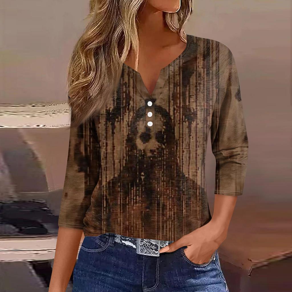 Damenmode Lässig Halloween Bedruckt V-Ausschnitt Kurzarm Dekorativer Knopf Dreiviertelarm T-Shirt Tor