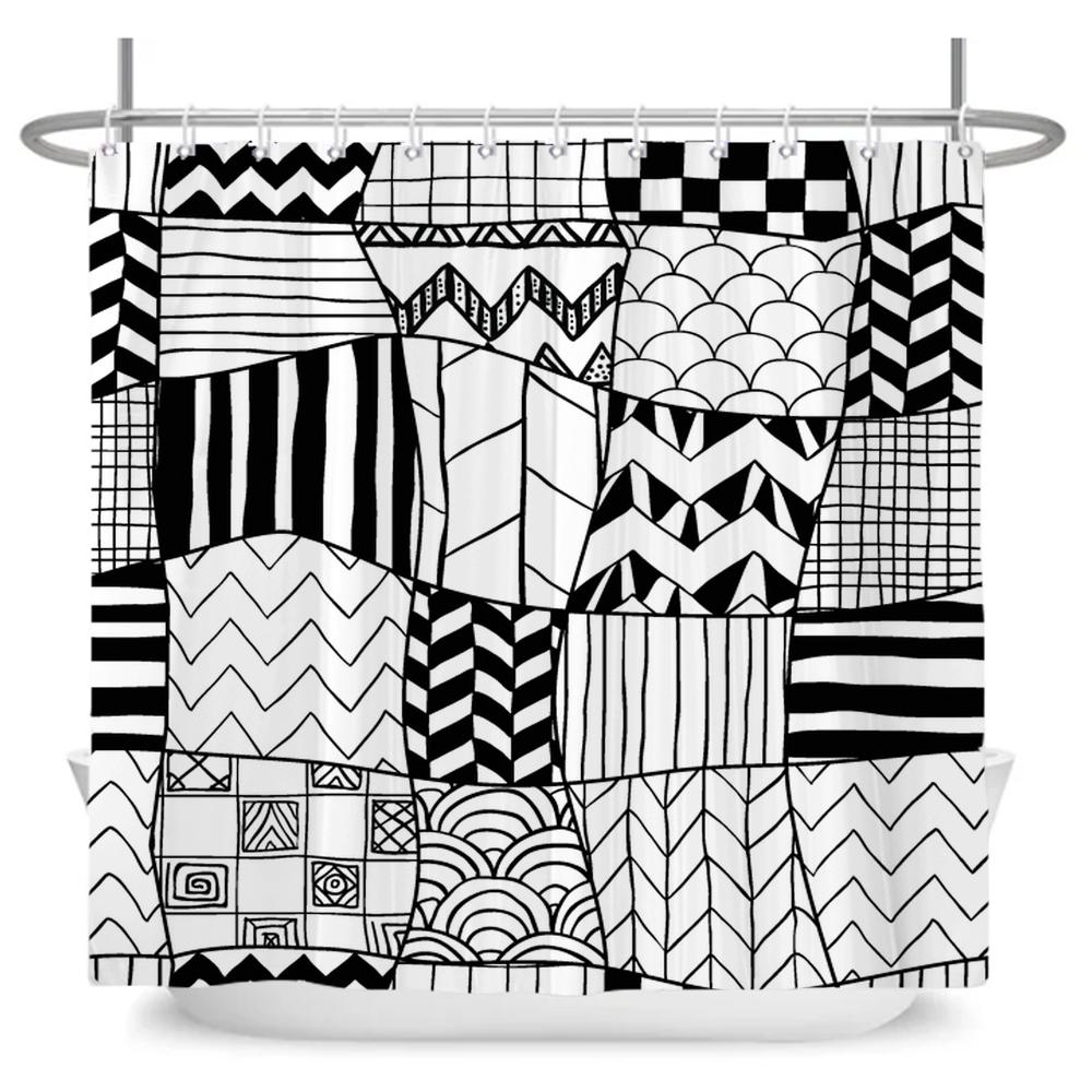 Art Boho Shower Curtain with Hooks Bohemian Bath Curtain Polyester Fabric Black and White Minimalist style Bathroom Curtains
