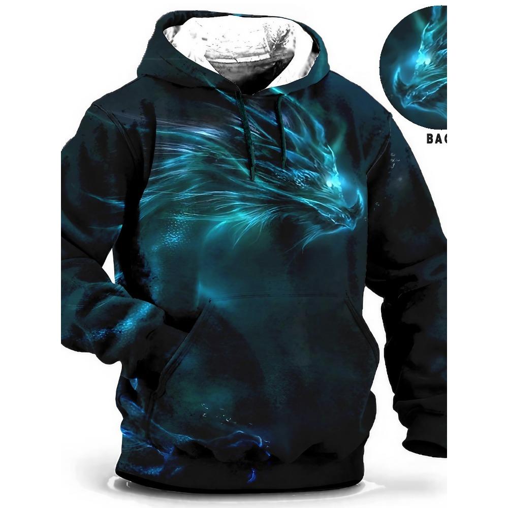 Pánská mikina s kapucí draka na čínský Nový rok s grafickým zvířecím potiskem Denní klasický 3D svetr Streetwear Mikiny s dlouhým rukávem, s kapucí