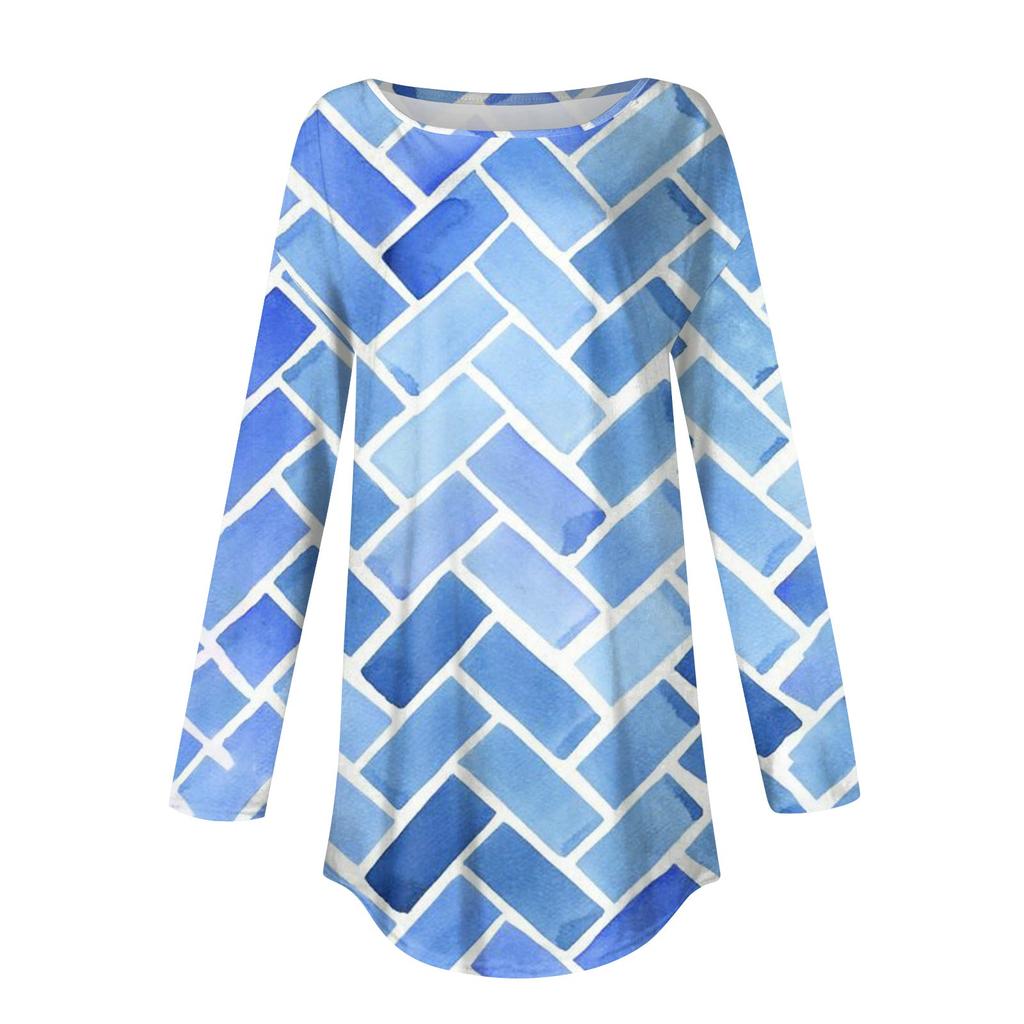 Women's Loose Casual Printed Round Neck Long Sleeved T Shirt Top Pullover Long Sleeved Sweatshirt