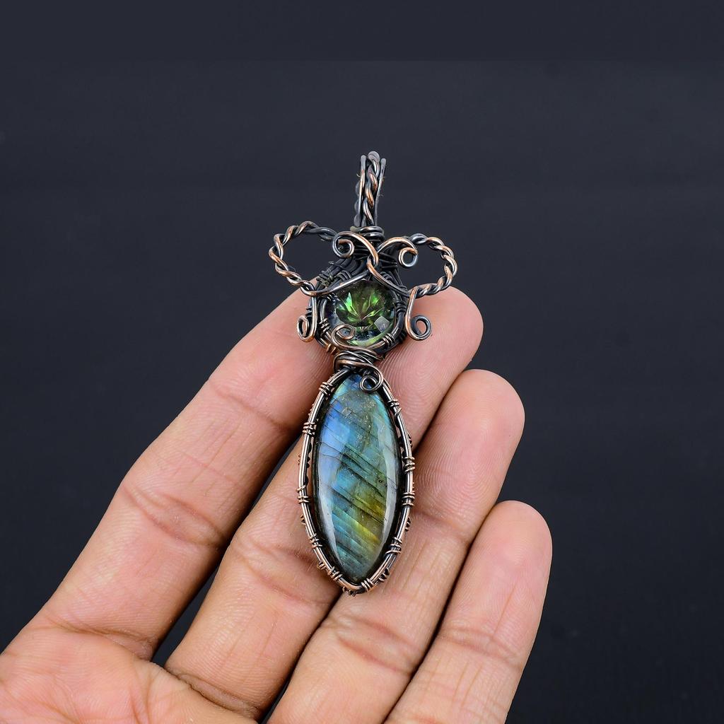 Labradorite & Mystic Topaz Pendant, Handmade Gemstone 999 Copper Wire Wrapped Pendant Antique Jewelry, For Gift Silver Jewelry