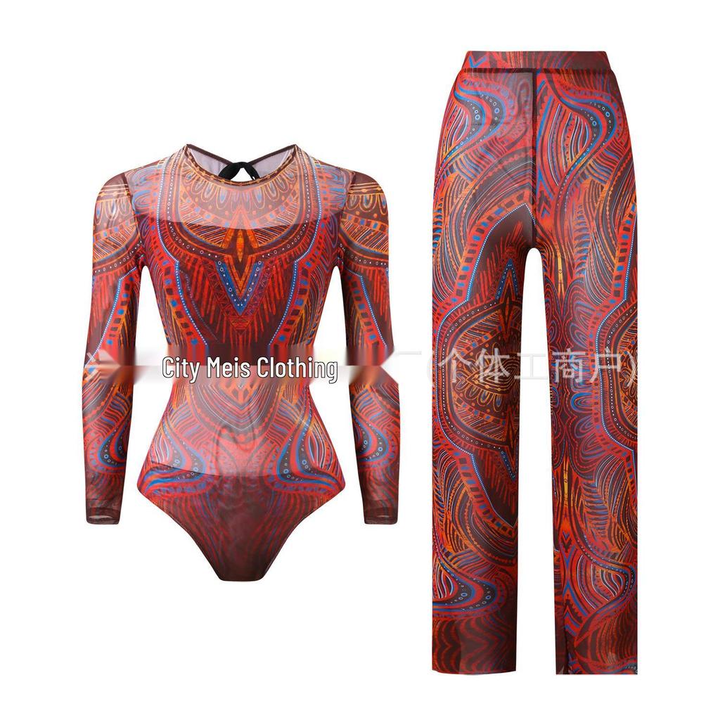 Costume da bagno intero da donna a maniche lunghe in rete con protezione solare e pantaloni