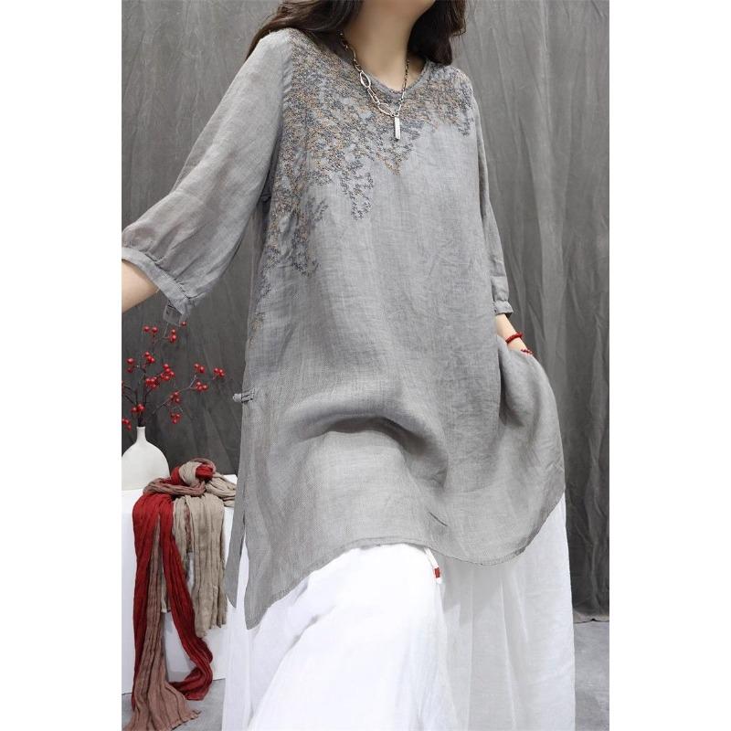 Women Summer Spring Round Neck Half Sleeve Cotton Linen Blend Embroidered Retro Casual Tunic Top