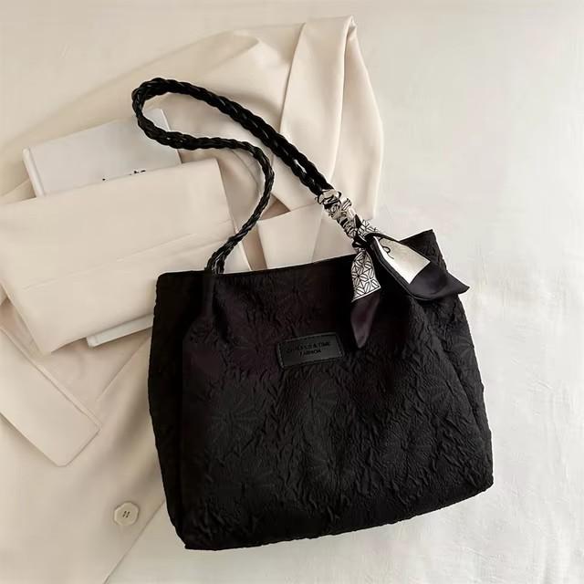 Fashion Embroidery Flower Shoulder Bag Women Large Capacity Ribbon Decoration Handle Bag Casual Commuter Shopping Tote Bag