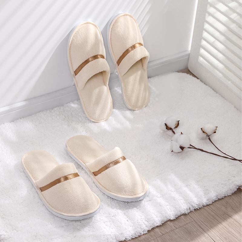 Etravel Disposable Slippers 5 Pairs, Thick Autumn And Winter Travel Home Coral Fleece Non-Slip Slippers for Men And Women, Beige