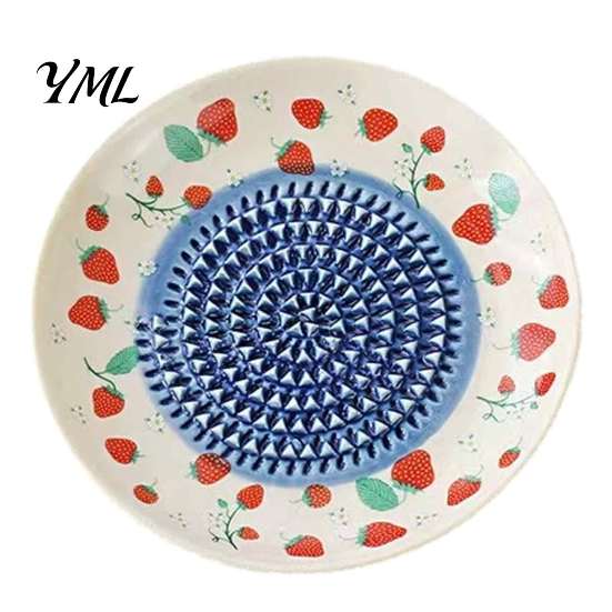 Non Slip Kitchen Grater Ceramic Garlic Plate, Fruit Print Ginger Cheese Manual Grinder, Safe Grinding Disc Multi-function Mincer Dish for Onion,