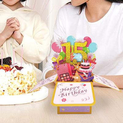 Alles Gute zum Geburtstag-Grußkarte mit Umschlag, Notizblock, 3D-Geschenkbox, goldenes Pulver, 12/15 Jahre alt, Geburtstagswünsche, Nachrichtenkarte, Party-Geschenk