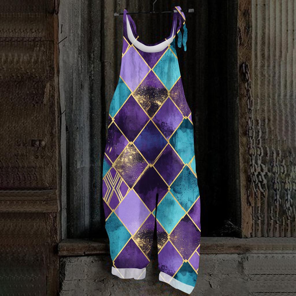 Women's Casual Jumpsuit Sleeveless Carnival Mask Print Loose Retro Overalls Jumpsuit