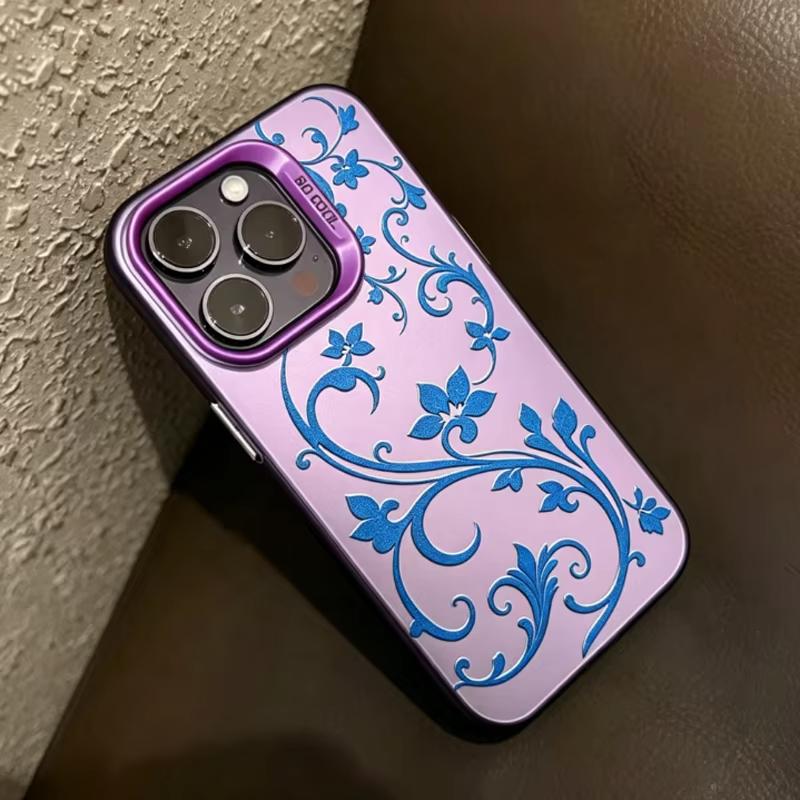 Purple Blue Floral Vine Phone Case For iPhone 17 Air 16 Pro Max 16E 15 14 Plus 13 12 11 XS XR Electroplate Silver Back Cover