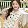 Women White Polka Dot Peter Pan Collar Short Sleeve Double Breasted Cropped Casual Blouse