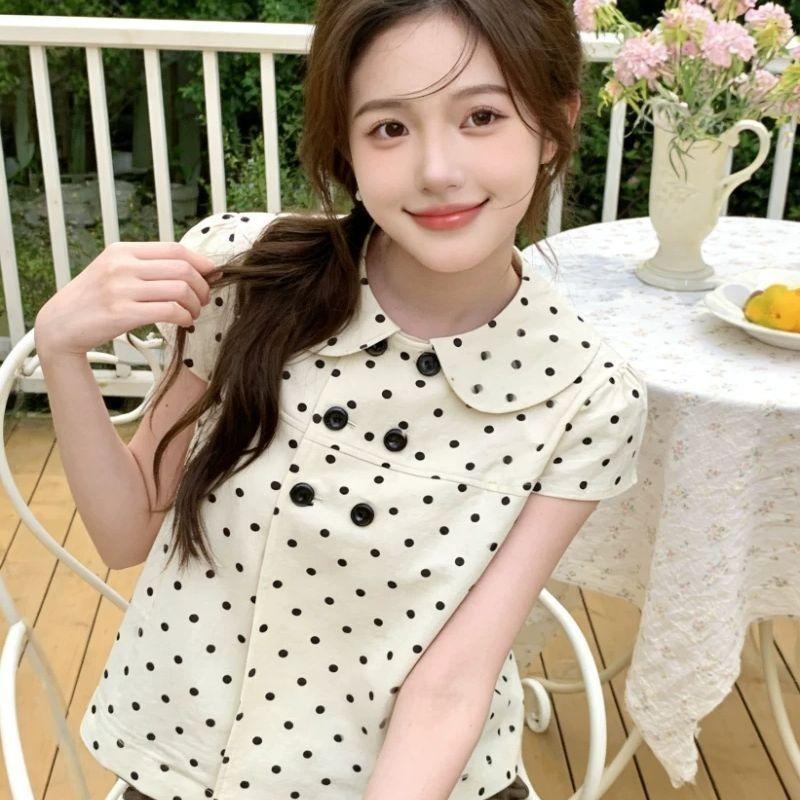 Women White Polka Dot Peter Pan Collar Short Sleeve Double Breasted Cropped Casual Blouse
