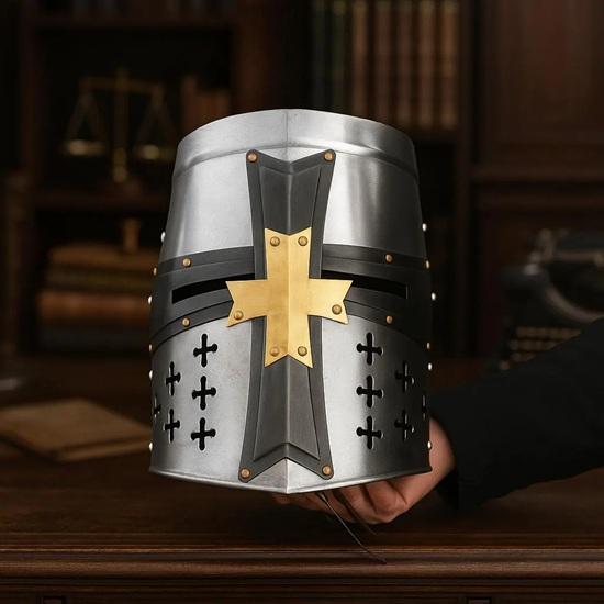 Templar Knight Helmet, Brass Cross, Medieval Armor, Cosplay LARP Halloween Gift