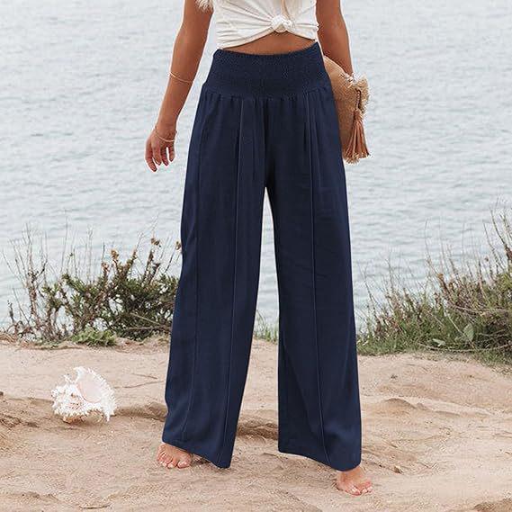 2025 Spring/Summer Women's Solid Color Elastic Waist Wide-Leg Casual Pants