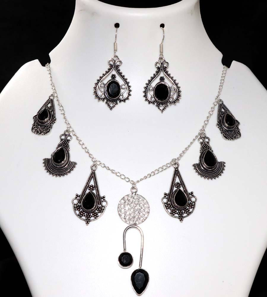 Exclusive Cluster Black Onyx 925 Silver Plated Necklace Earrings Set 18|1.9" G7v43