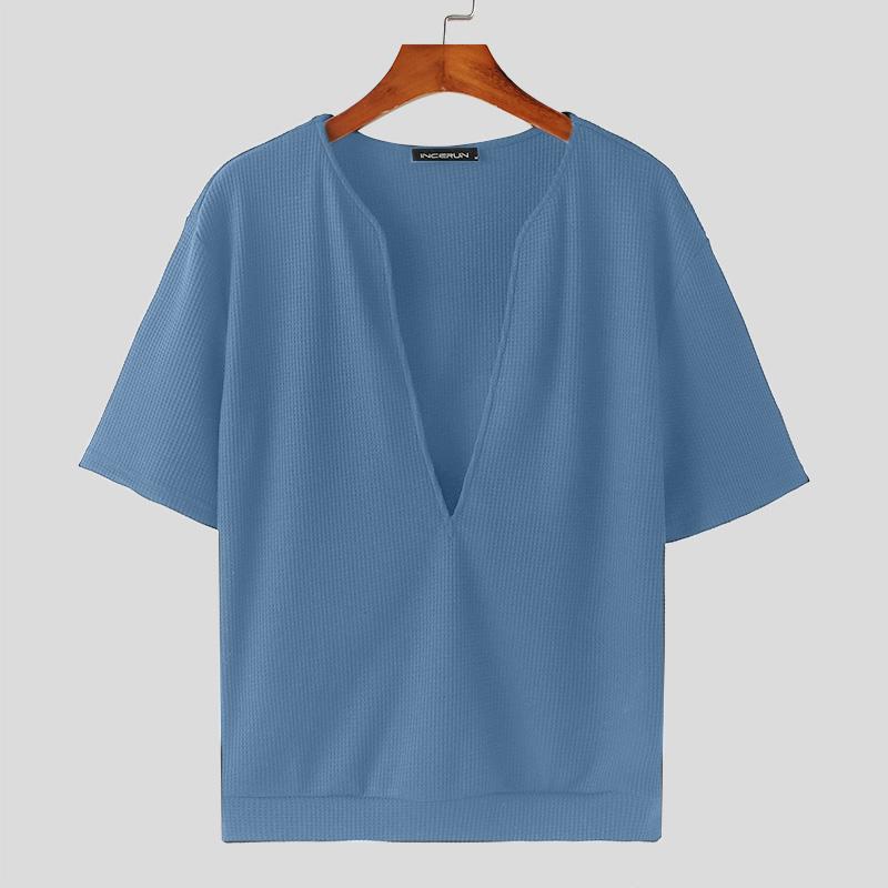 

INCERUN Мужские однотонные летние футболки с глубоким V-образным вырезом и короткими рукавами XL синий