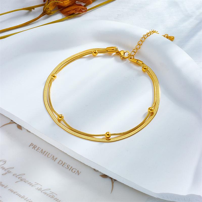 Fashion Minimalist Versatile Layered Double Chain Round Bead Gold Anklet