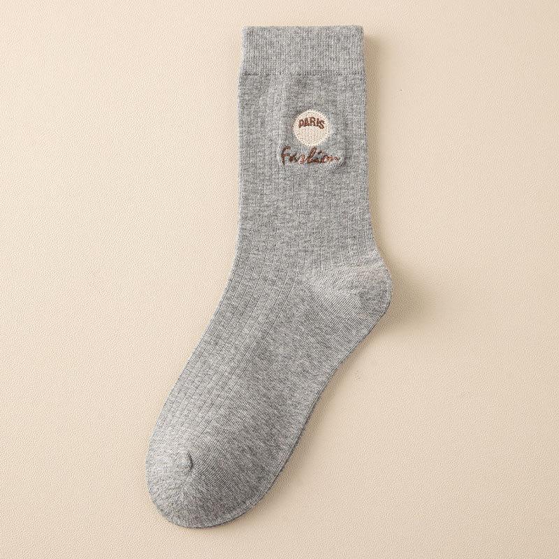 

Женские хлопковые носки, носки до середины икры, бесшовная вышивка для осени и зимы, простые и универсальные длинные носки для весны и осени 1 pair светло-серый